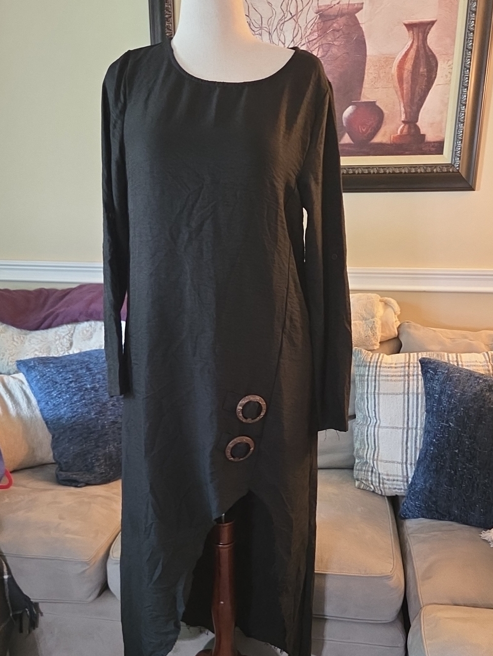 Black Asymmetrical Long-Sleeve Dress with Decorative Ring Accents